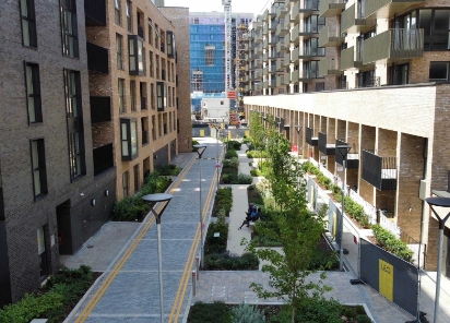 A scenic street view showcasing a pathway surrounded by trees and foliage