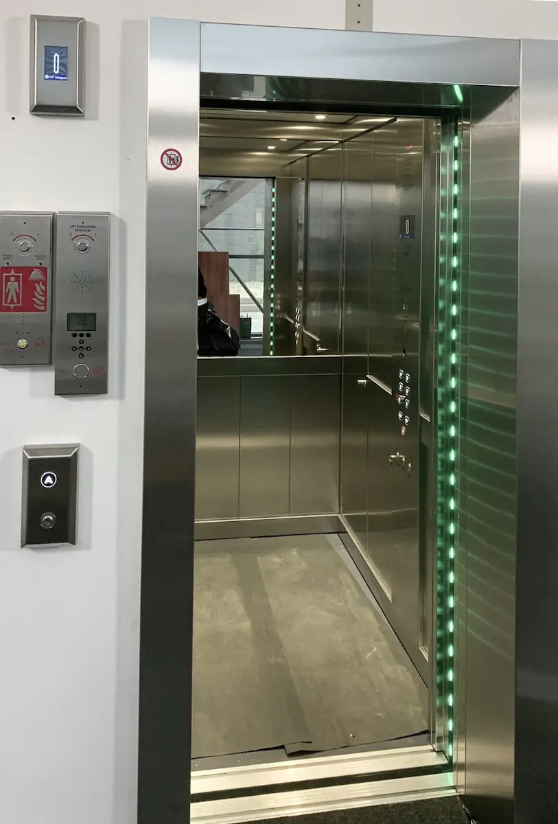 Relined lift car, new architrave and globalisation