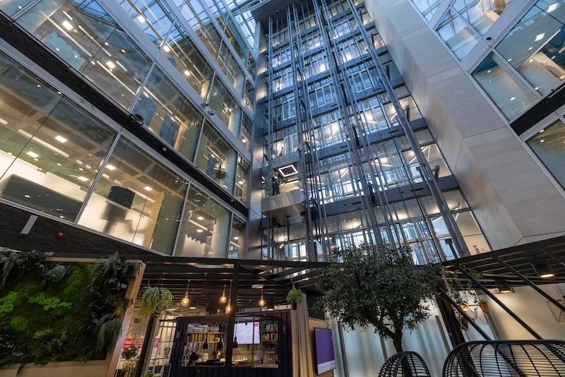 atrium at Natwest HQ of scenic lifts